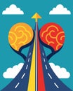 The mind as a divided highway with two opposing lanes clashing and causing dissonance.. Vector illustration.