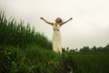 Mind and body connection with nature - middle aged attractive and happy Asian Chinese woman in Summer dress enjoying idyllic Royalty Free Stock Photo