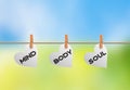 Mind Body Soul. Three human dimensions in white Heart Shape hanging on pegs rope. Blurred natural background. inspiration, Royalty Free Stock Photo