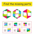 Mind game. Find the missing pieces. Task for the development of logic for kids. Vector illustration Royalty Free Stock Photo