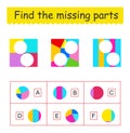 Mind game. Task for the development of logic for kids. Find the missing pieces. Vector illustration Royalty Free Stock Photo
