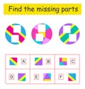 Mind game. Task for the development of logic for kids. Find the missing pieces. Vector illustration Royalty Free Stock Photo
