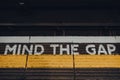 Mind the gap sign on of Moorgate underground station platform of London Underground, UK Royalty Free Stock Photo