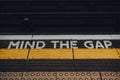 Mind the gap sign on of Moorgate underground station platform of London Underground, UK Royalty Free Stock Photo