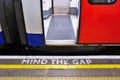 Mind the gap sign on the platform in the London Underground Royalty Free Stock Photo