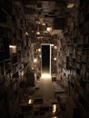 Mind Maze Constructed From Bookshelves With a Light Path Leading Out, Upper Left Area Remains Open for Exploration and Royalty Free Stock Photo
