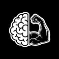 Mind Over Matter brain vs. biceps icon split, clever visual metaphor, with thick white sticker-style outline around the design, Royalty Free Stock Photo