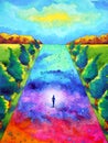 Mind spiritual abstract human walking meditation chakra journey path art watercolor painting illustration design drawing Royalty Free Stock Photo