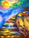 Mind spiritual human meditation on mountain abstract art watercolor painting illustration design drawing