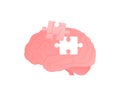 Mind, think, psychology and mental disease concept. Vector flat color icon illustration. Brain jigsaw silhouette with puzzle piece