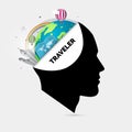 Mind of traveler. Creative concept with open head. Vector Royalty Free Stock Photo