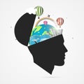 Mind of traveler. Creative concept with open head. Vector Royalty Free Stock Photo
