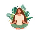 Mind wellness vector illustration. Young woman sitting in yoga lotus pose surrounded by tropical leaves and sun