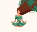 Mind wellness vector illustration. Young woman sitting in yoga lotus pose wearing leaves clothes. Very long hair with