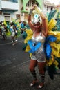 pretty woman dancer during the carnival show event in a dress with feathers