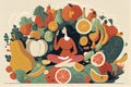 Mindful eating concept. Young woman, surrounded by tasty and healthy vegetables and fruits