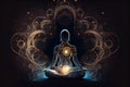 Mindful Woman Meditating in yoga lotus post. Abstract chakra meditation energy background