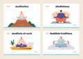 Mindfulness and meditation in Buddhist tradition isolated landing page set with happy calm people