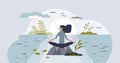 Mindfulness meditation, mental peace and yoga in nature tiny person concept