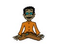 Character Raj sitting in lotus position practicing yoga or meditation.