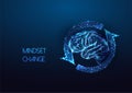 Mindset change concept with human brain in futuristic glowing low polygonal style on dark blue