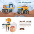 Mine development and equipment horizontal banner. Industrial quarrying with excavators and trucks drilling designing