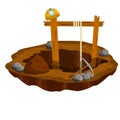 Mine. Hole in ground, rocks, pickaxe, miner`s helmet. Extraction of mineral