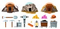 Mine tools. Cartoon miner worker tools, mining cart with drill hammer pickaxe, underground cart with mining equipment