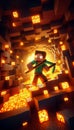 A miner using a pickaxe in a glowing cave from Minecraft. Perfect for digital art and merchandise use. Royalty Free Stock Photo