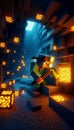 A miner using a pickaxe in a glowing cave from Minecraft. Perfect for digital art and merchandise use. Royalty Free Stock Photo