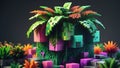 Minecraft inspired artificial plant composed of digital cubes. Minecraft world. Generative AI