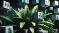 Minecraft inspired artificial plant composed of digital cubes. Minecraft world. Generative AI