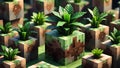 Minecraft inspired artificial plant composed of digital cubes. Minecraft world. Generative AI