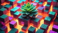 Minecraft inspired artificial plant composed of digital cubes. Minecraft world. Generative AI