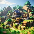 Minecraft inspired village. Minecraft texture world. Generative AI