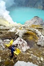 MINER COLLECTING SULFUR ON KAWAH IJEN VOLCANO Royalty Free Stock Photo