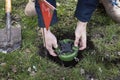 Miner digs a mine. Demining of the territory. the guys digs a mine on a minefield. service in army. hazardous work Royalty Free Stock Photo