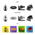 A miner lamp, a funnel, a mining combine, a trolley with ore.Mining industry set collection icons in black, flat