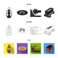 A miner lamp, a funnel, a mining combine, a trolley with ore.Mining industry set collection icons in black,flat,outline Royalty Free Stock Photo