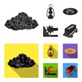 A miner lamp, a funnel, a mining combine, a trolley with ore.Mining industry set collection icons in black, flat style Royalty Free Stock Photo