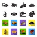 A miner lamp, a funnel, a mining combine, a trolley with ore.Mining industry set collection icons in black,flet style