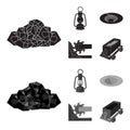 A miner lamp, a funnel, a mining combine, a trolley with ore.Mining industry set collection icons in black,monochrom