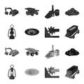 A miner lamp, a funnel, a mining combine, a trolley with ore.Mining industry set collection icons in black,monochrome