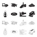 A miner lamp, a funnel, a mining combine, a trolley with ore.Mining industry set collection icons in black,outline style Royalty Free Stock Photo