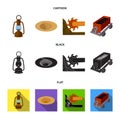 A miner lamp, a funnel, a mining combine, a trolley with ore.Mining industry set collection icons in cartoon,black,flat