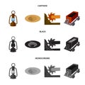 A miner lamp, a funnel, a mining combine, a trolley with ore.Mining industry set collection icons in cartoon,black