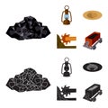 A miner lamp, a funnel, a mining combine, a trolley with ore.Mining industry set collection icons in cartoon,black style