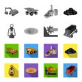 A miner lamp, a funnel, a mining combine, a trolley with ore.Mining industry set collection icons in monochrome,flat