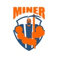 Miner logo. Mining Bitcoin Crypto Currencies. Worker with pickax