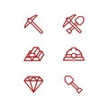 Miner mining icon with helmet, shovel, pickaxe, diamond, and gold outline icon set